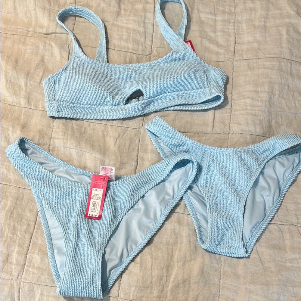 Xhilaration Light Blue textured ribbed peekaboo high leg scoop waist Bikini Set